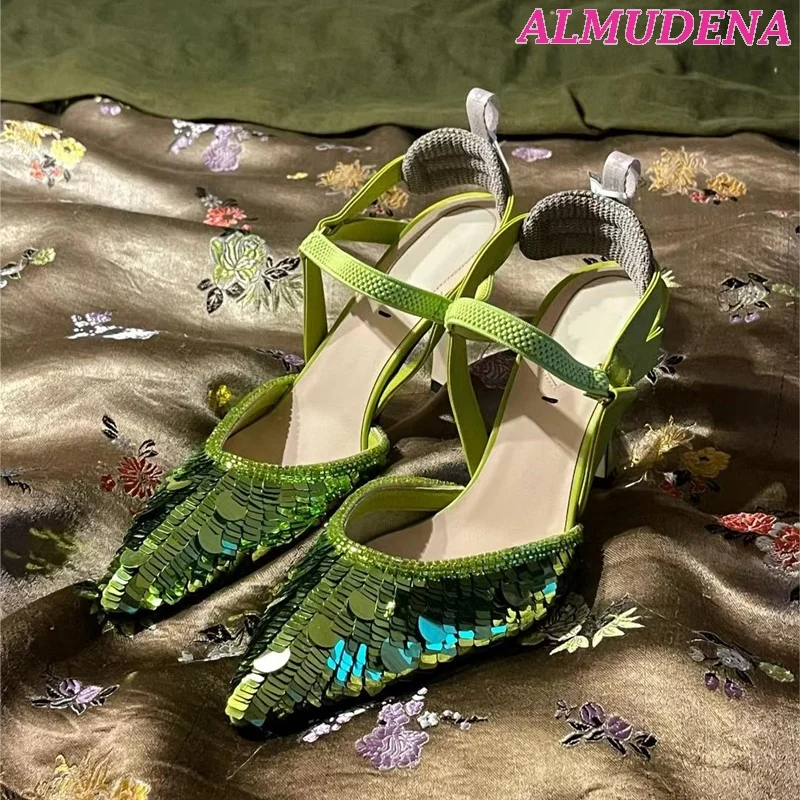 Glitter Bling Ankle Strap Pumps in Green\\Pink\\Sliver Top Quality Stilettos Sandals 2023 Summer Designer Party Shoes for Women