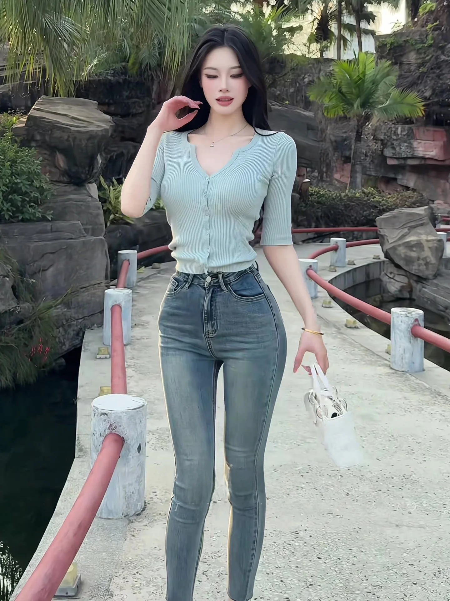 

High Waist Slim Fit Jeans Women's Elastic Casual Cotton Stretch Denim Pants Tummy Control Slimming Qui Dry Spring Faion