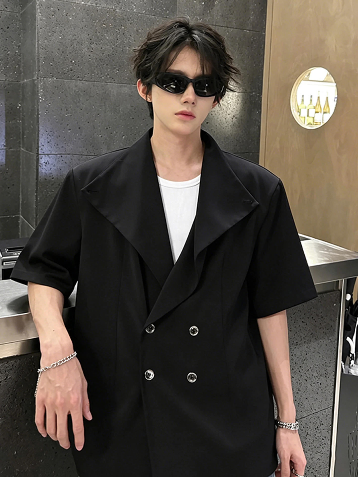Double-Row Button Black Neck Pad Short-Sleeve Suit Jacket Men's Fashion Small-Target Design Performance Shirt Casual Summer P...