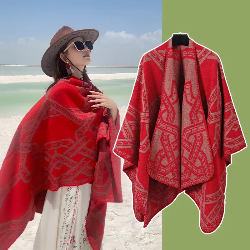 Poncho de Caxemira Imitação para Mulheres, Lenços Femininos, Xales Quentes, Envoltórios Foulard, Capas Poncho, Moda Inverno