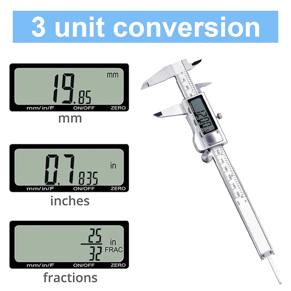 150mm/6Inch Digital Caliper Measuring Tool Stainless Steel Digital Micrometer with Large LCD Screen Pachymeter for DIY/Household