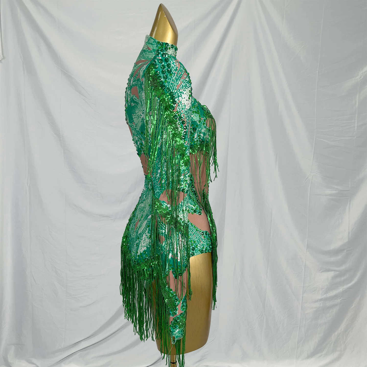 Kombinezon damski z jednym rękawem, frędzlami i dżetami, strój na karnawał, imprezę, festiwal, kostium sceniczny, body.