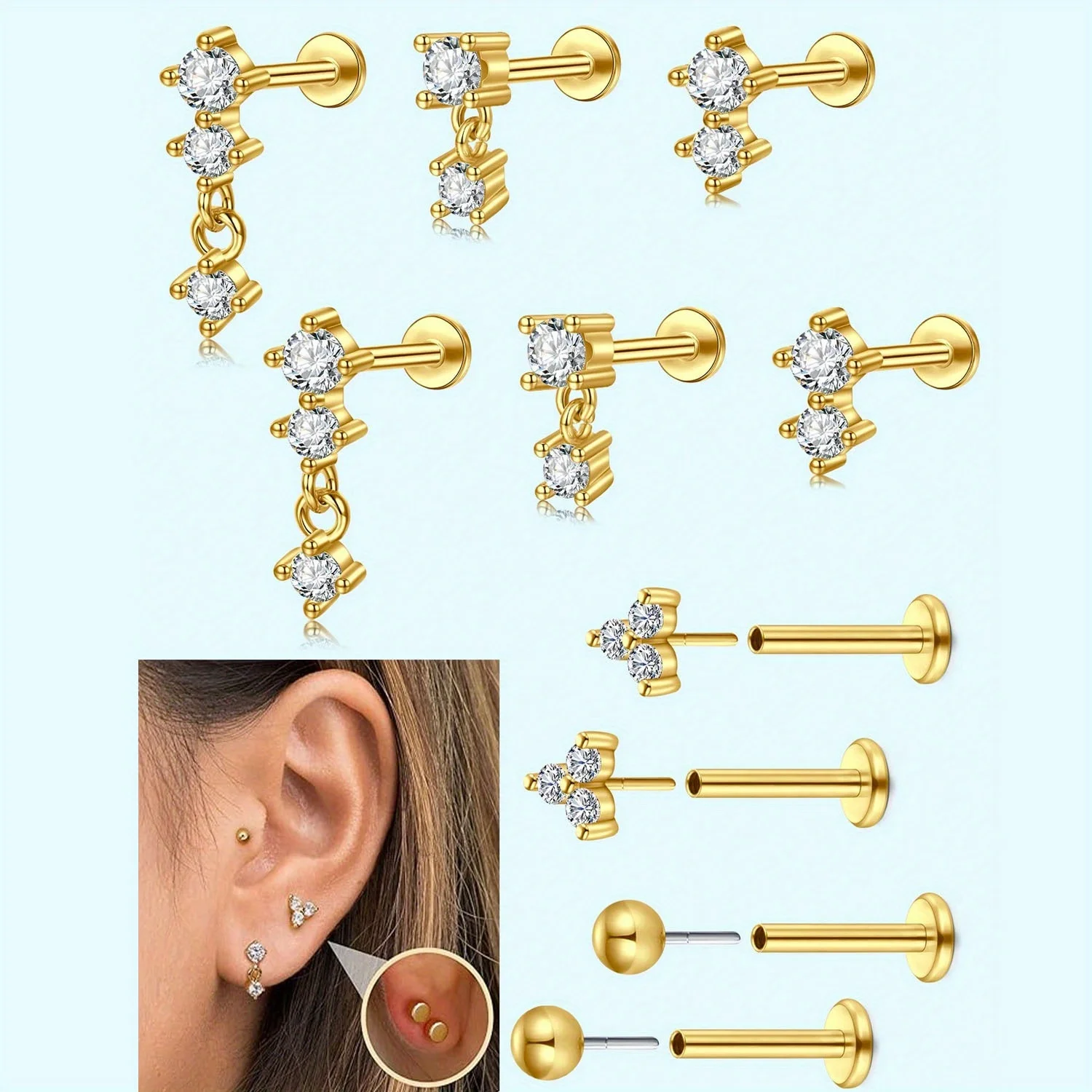 1Pair Push in Earring Studs, 20G Flat Back Earrings, Threadless Studs Multi Styles, 304 Stainless Steel Earring Studs Nose Studs