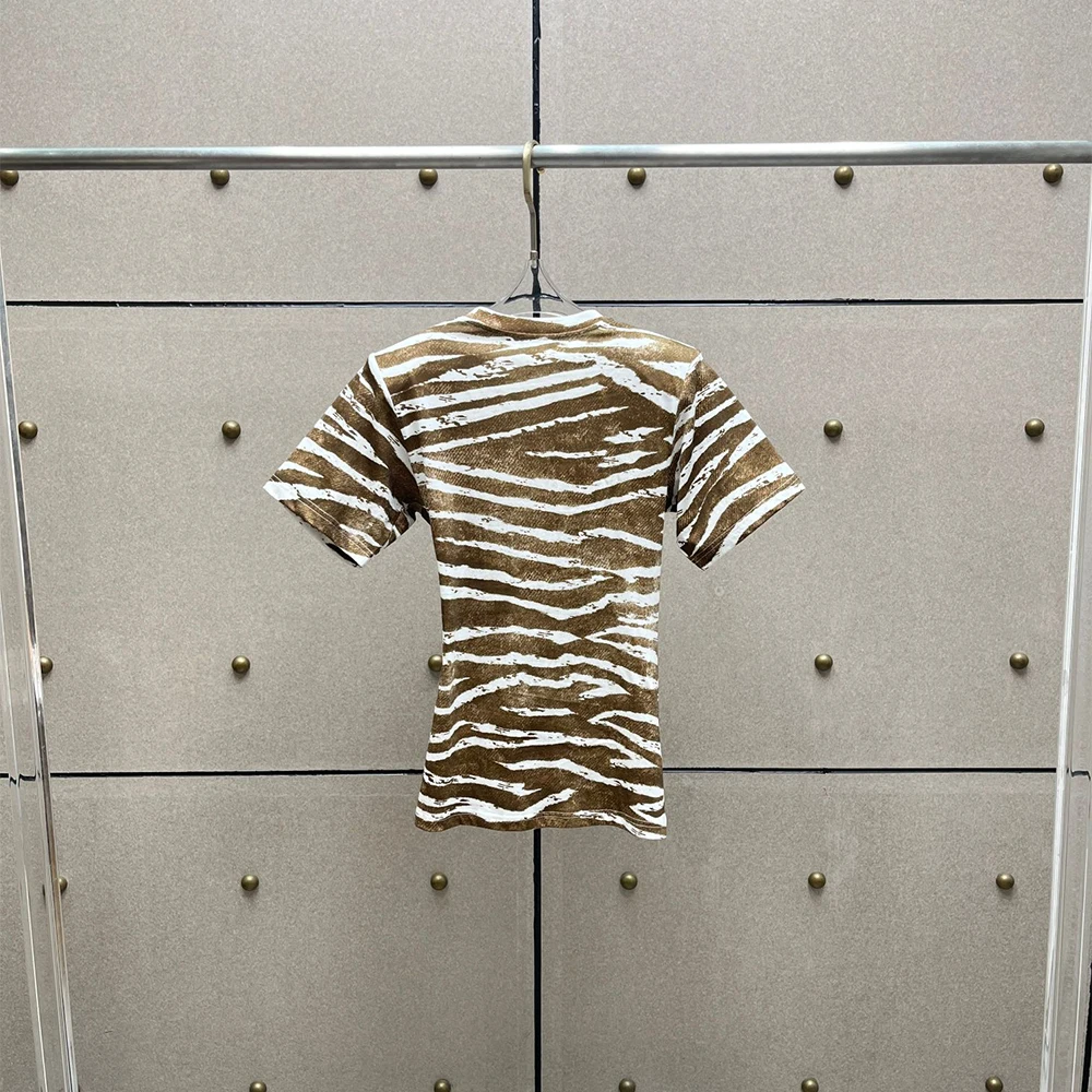Casual Zebra Print Cotton T-Shirt for Ladies 2026 Spring New Twist Waist Slim Fit Short Sleeve Crew Neck Tops