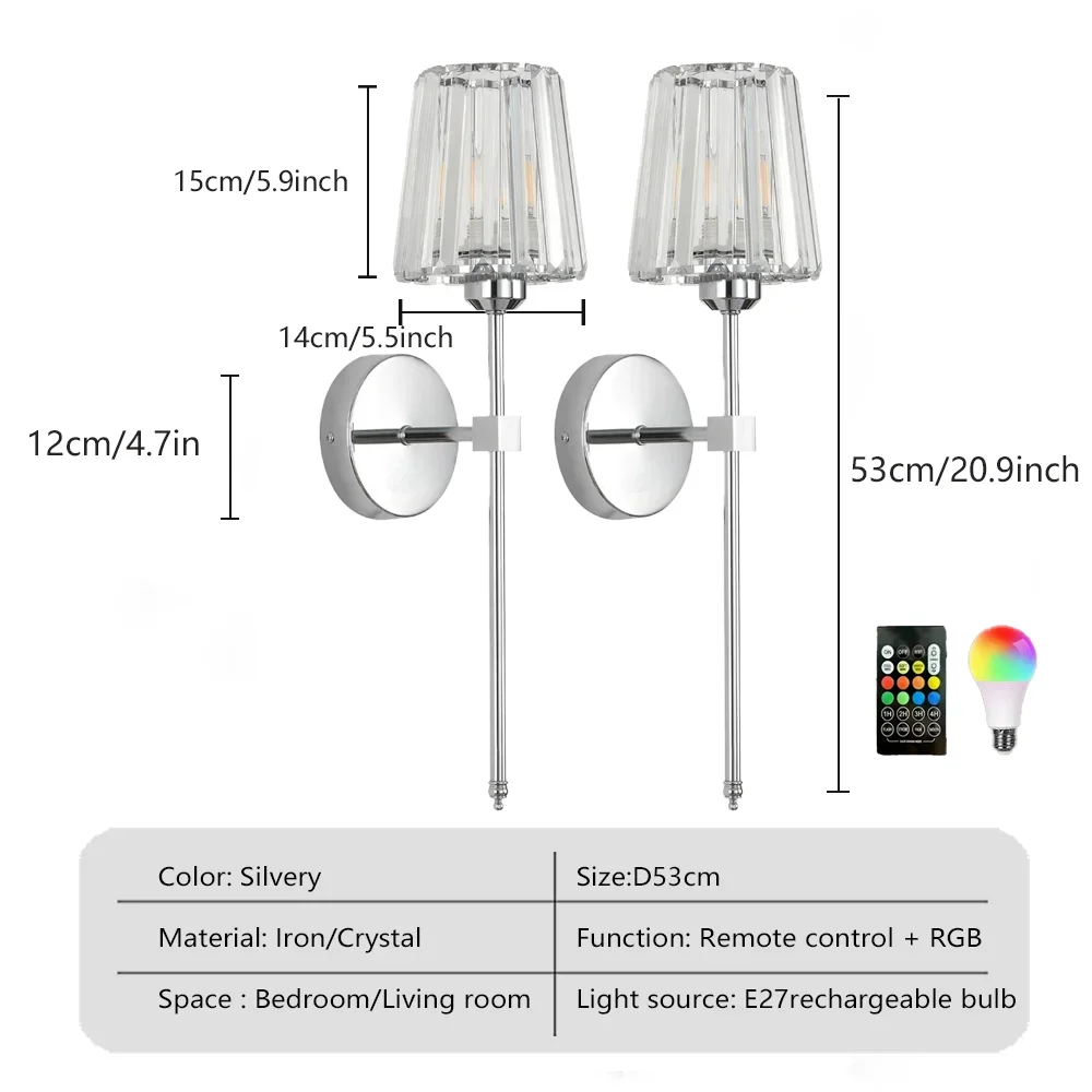 DARHYN Wiederaufladbare Wandleuchte, Kristallglas, RGB, wiederaufladbar, E27-Glühbirne, dimmbar, für Wohnzimmer, Schlafzimmer, Flur, Hotel, LED-Umgebungsbeleuchtung 3