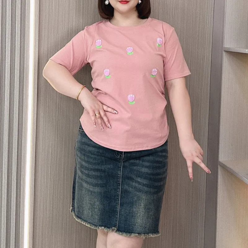 3D Patch Tulip Short Sleeve T-shirt Plus Size Women Summer New Loose Thin Side Fold Tops