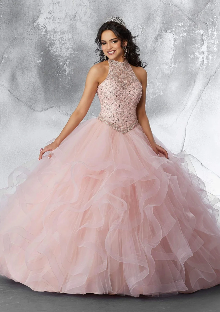 Lorencia abito Quinceanera viola collo alto 2024 Appliques abito da ballo perline Ruffles Vestidos De 15 asenos Sweet 16 Dress YQD112