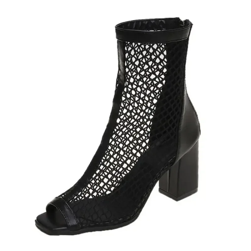 Thick Heel Sandals Mesh Cool Boots Women 2023 Summer New Thin Short Boots High Heels Hollow Mesh Boots Women High Heels