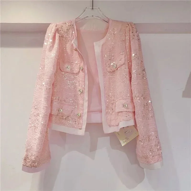 

Korean New 2025 Autumn Women's Jacket Splicing Sequin Outerwear Female Cardigan Temperament Long Sleeved Windbreaker Ladies