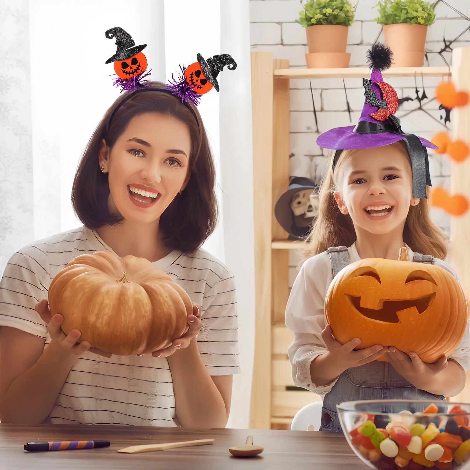 

3 Pcs Halloween Headband Party Accessories Spider Purple Bats Witch Hat Pumpkin Design Hair Decorations Costumes