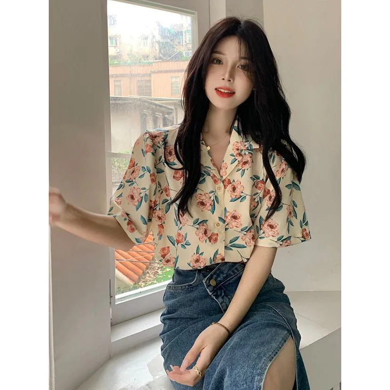 Summer New Chiffon Printing Blouse V Neck Short Sleeve All-match Loose Floral Shirt Tops Korean Elegant Fashion Women Clothing