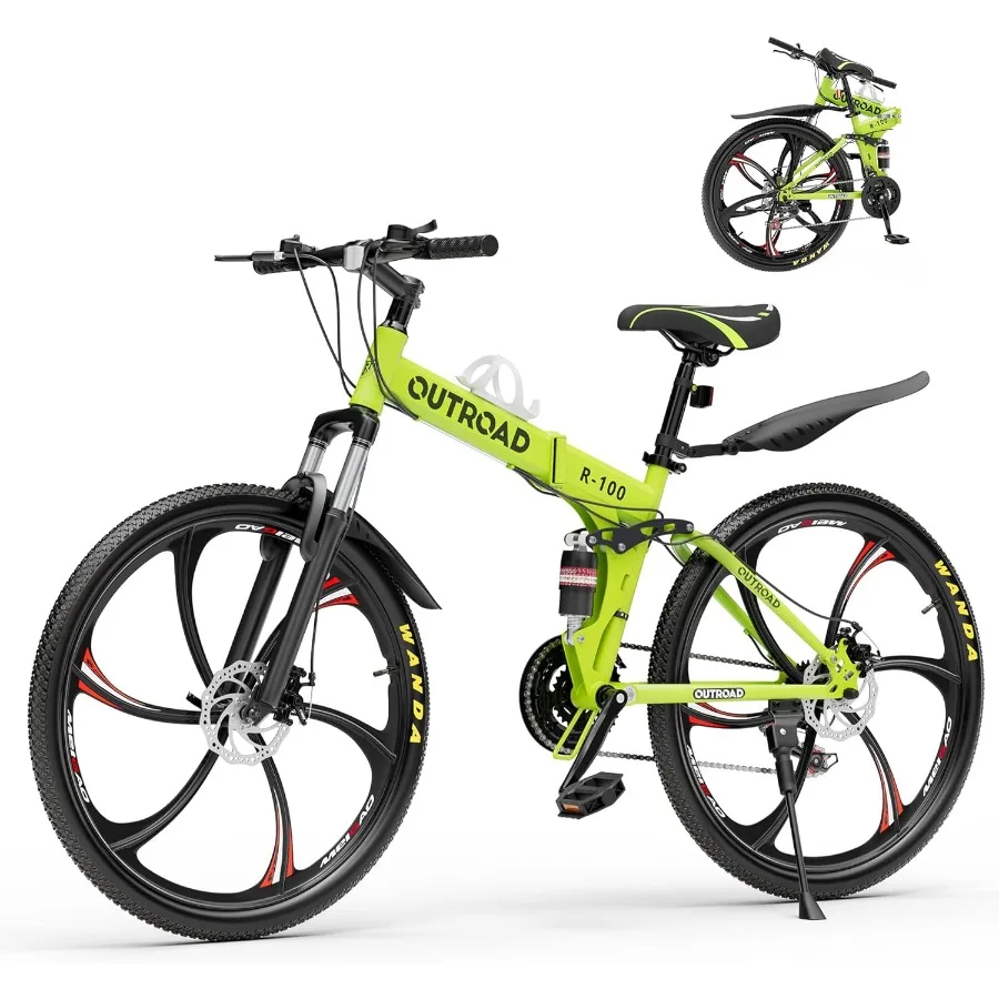 

26 Foldable Mountain Bike for Adults and Teens 21-Speed Full Suspension with High-Carbon Steel Frame Dual Disc Brakes Quick-Rel