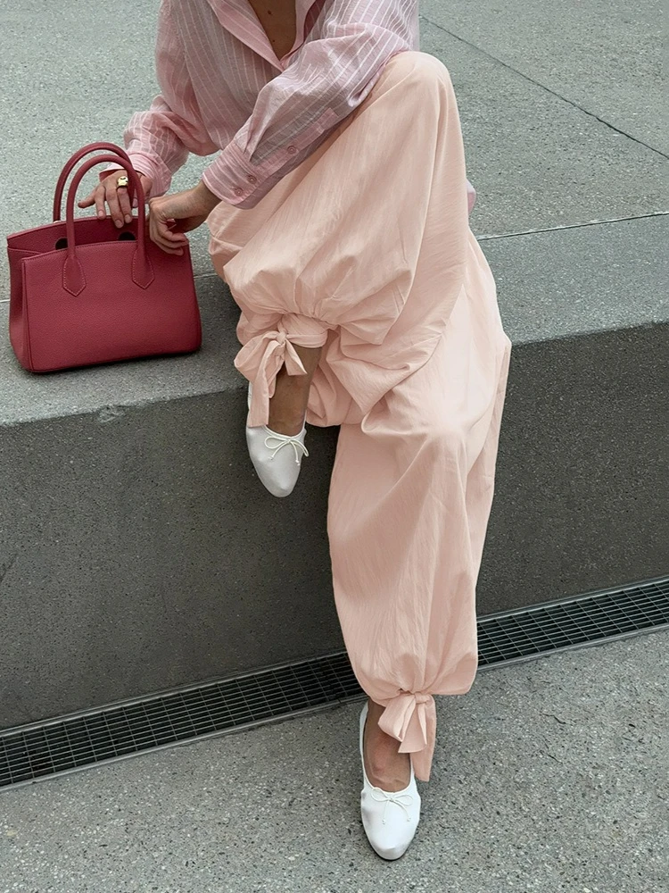 

FDYOUI 2026 Summer Bandage Pink Lantern Pants for Women Casual Loose Solid Bloomers Female Chic Lace-up Long Trousers Streetwear