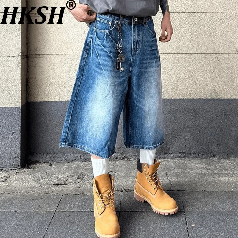

HKSH Spring Summer New Men Tide American-style Lightning Pattern Cropped Denim Shorts High-waist Wide-leg Slim Straight HK21514