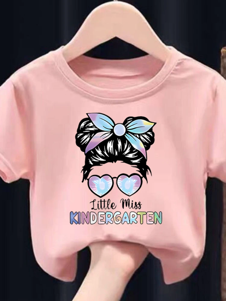 Meninas estilo estrangeiro dos desenhos animados menina impresso em torno do pescoço manga curta camiseta novas crianças topos roupas b01