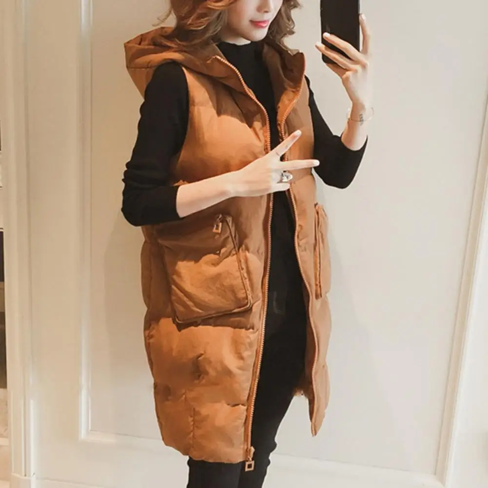 Women Autumn Winter Solid Color Long Waistcoat Hooded Sleeveless Pockets Zipper Placket Vest Coat Cotton-padded Outwear