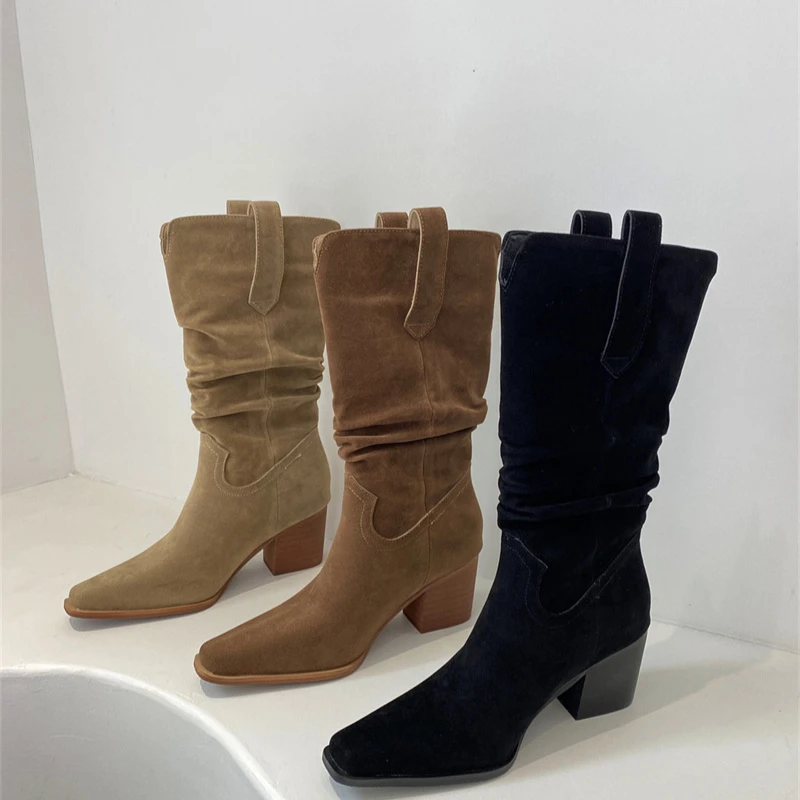 Western Cowboy Boot Vintage High Boots Mid-Calf Suede Boots Women Pointed Toe Non-Slip Knight Boots Shoes buty na platformie