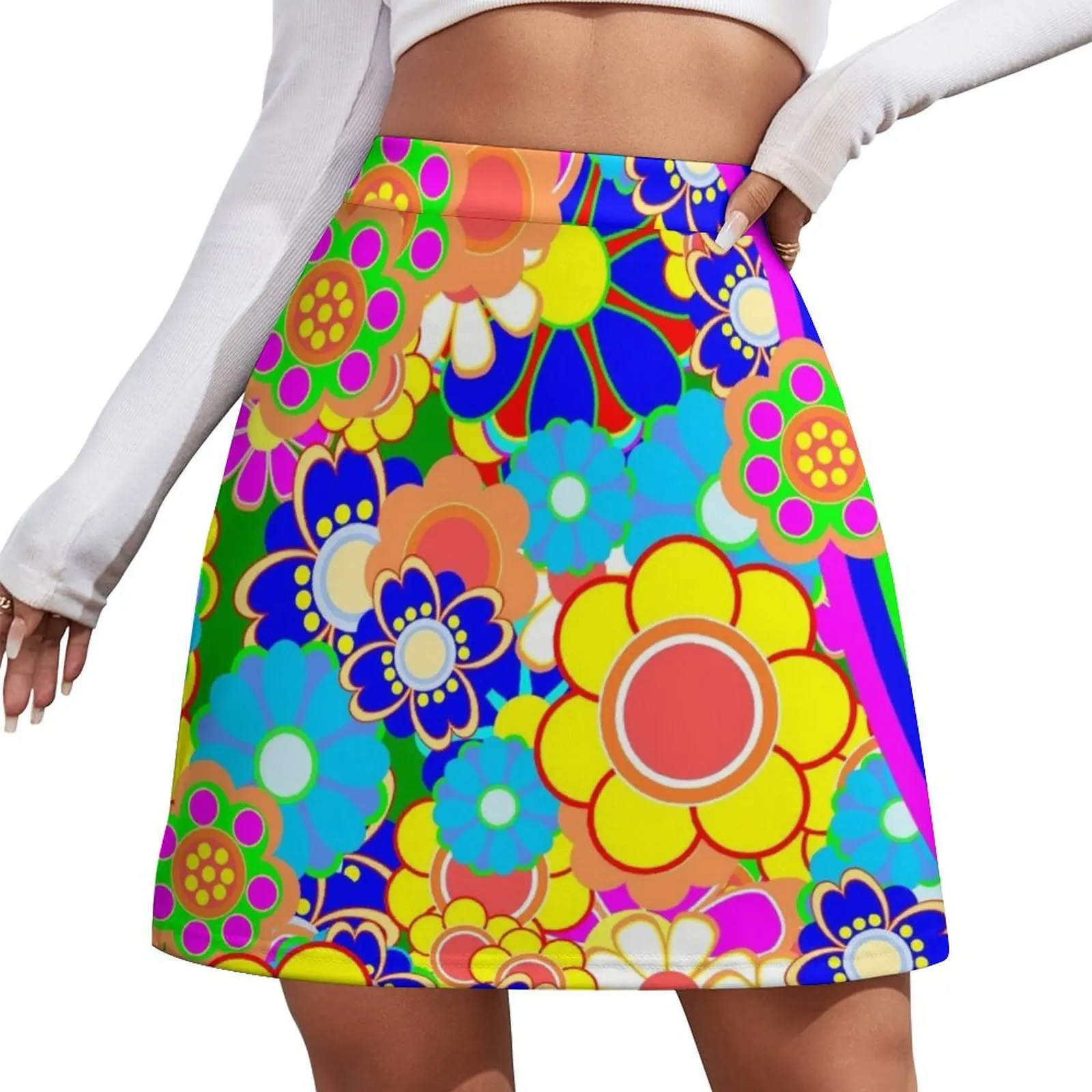 Retro Vintage Flower Power Rainbow Pattern Mini Spódniczka sukienki letnie kobiety 2025 ekstremalna mini sukienka