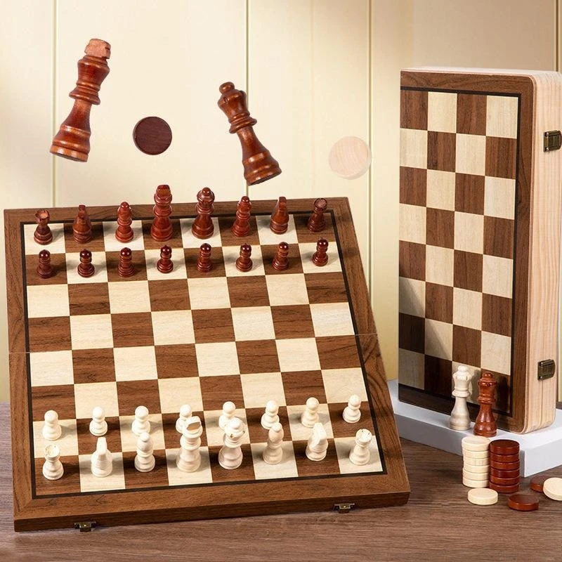 Premium Wooden Folding Chess Set, Solid Black Walnut Wood, Magnetic Chess Pieces, 2-in-1 Chess & Checkers Game