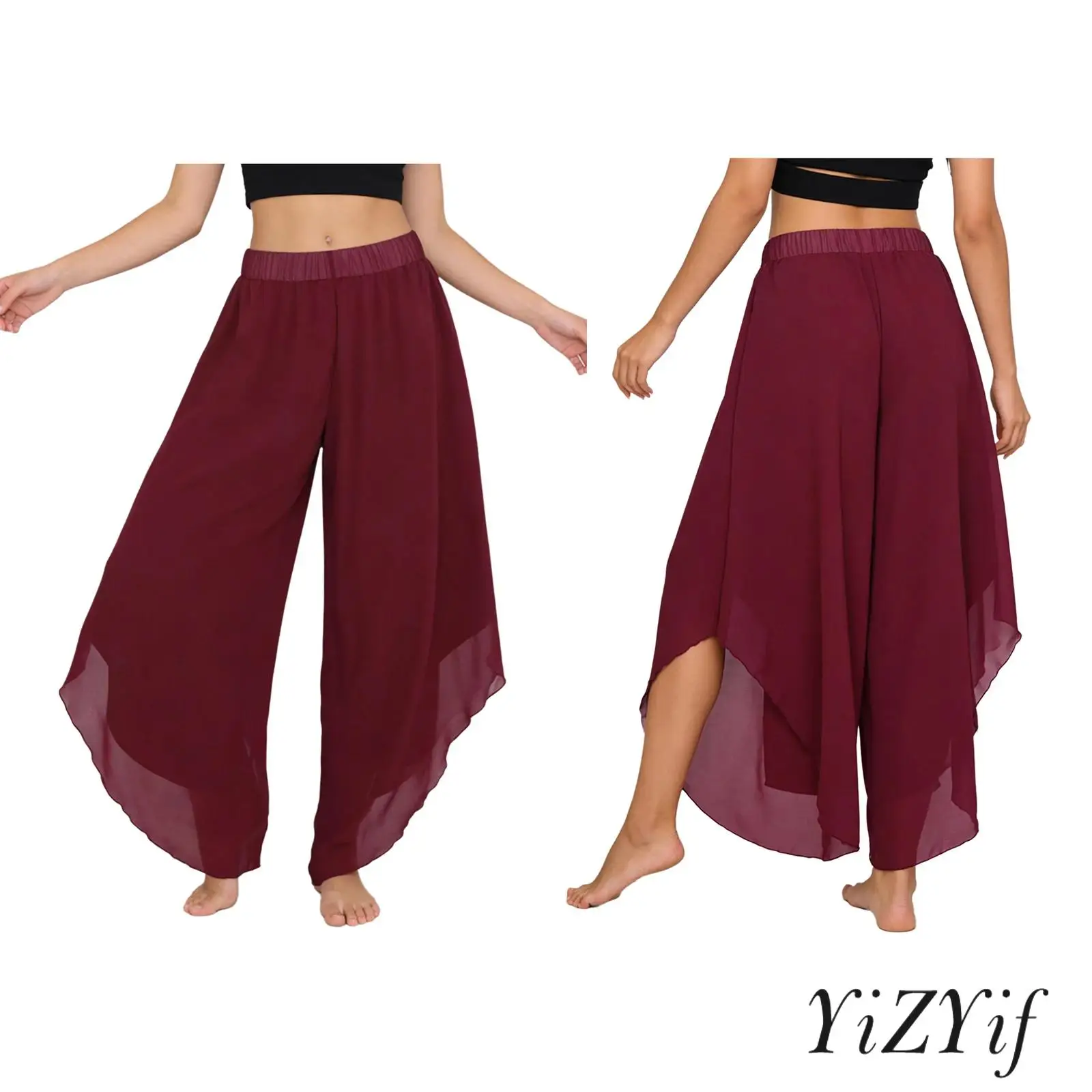 

Womens Modern Dancewear Ladies Irregular Wide Leg Pants Solid Color Elastic Waistband Chiffon Long Pants Tiered Trousers