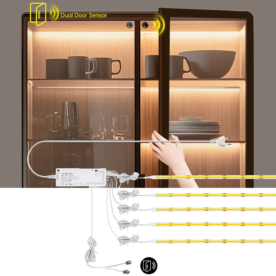 Dual Door Motion Sensor Control with 24V LED COB Strip Light for Kitchen Cabinets Wardrobes Pantry Showcase Closet Collection