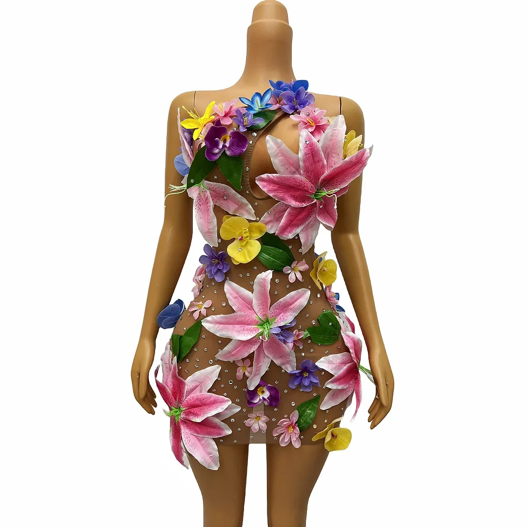 Sexy Backless Dancer Prom Performance Outfit Birthday Celebrate Sleeveless Costume Colorful Big Flower Rhinestones Dress