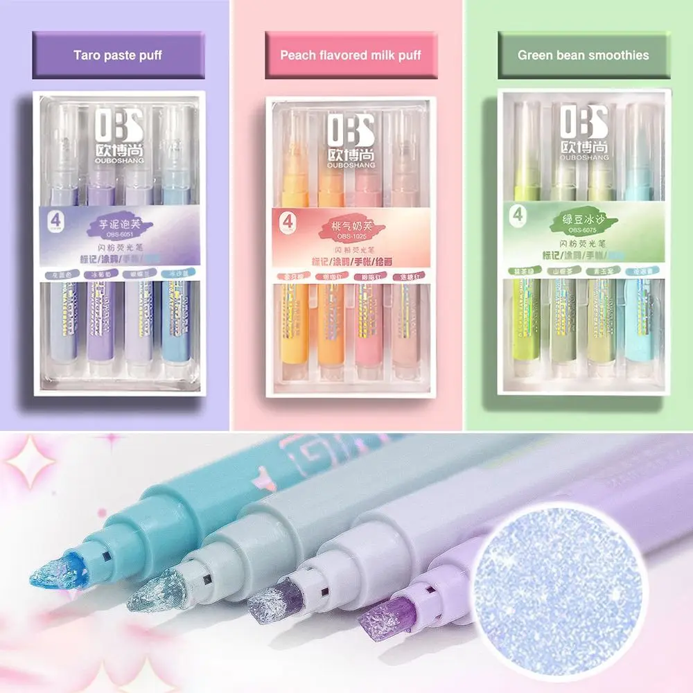 4PCS/Set Glitter Highlighters Students Draw Doodle Pens Colorful Shiny Fluorescent Pen High Gloss Pen School Office Supplies