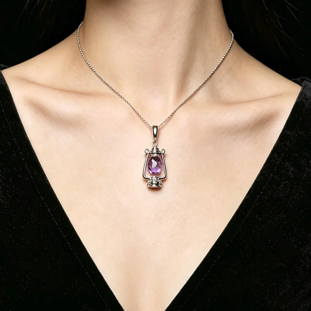 New Natural Amethyst Lantern Pendant Necklace for Women's Halloween Decoration Retro Horse Lantern Palace Chain Jewelry Gift