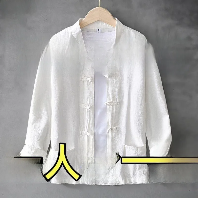 

Retro Sle Men's Cotton Linen Tang Suit Jaet Tea Zen Clothing Button Design Village Son Zhong Mountain Sle Long Sve O...