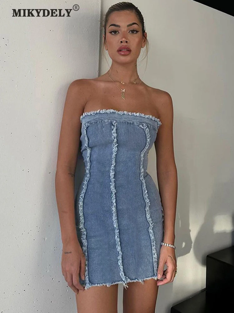 

Mikydely Blue Jeans Tube Dress Women Summer Sleevelss Sexy Party Dress Strapless Sexy Streetwear Mini Dresses For Women