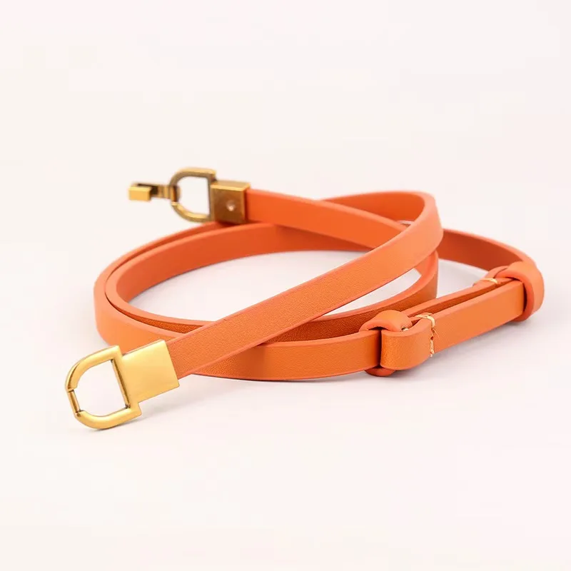 Women's trendy gold buckle fashionable casual thin soft leather jeans belt, four season multi-color self elastic dress with wome