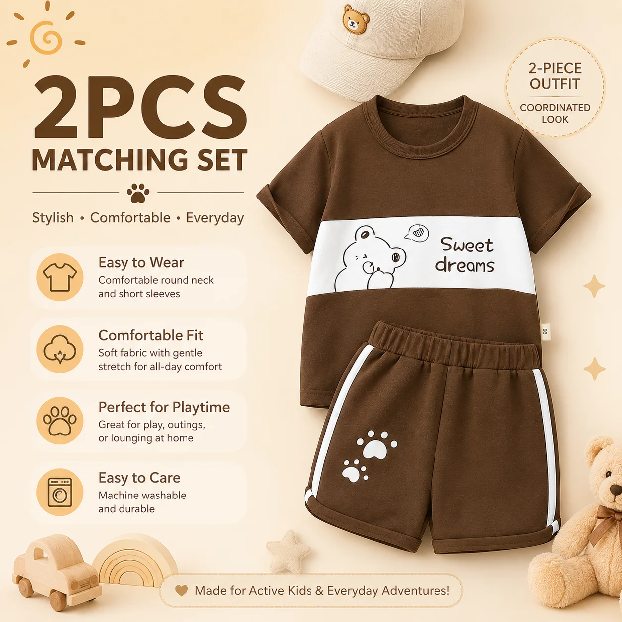 Kids Summer 2Pcs Outfit Set Toddler Boys Girls Short Sleeve T Shirt Shorts Set Cute Bear Print Casual Baby Clothes 90-110cm