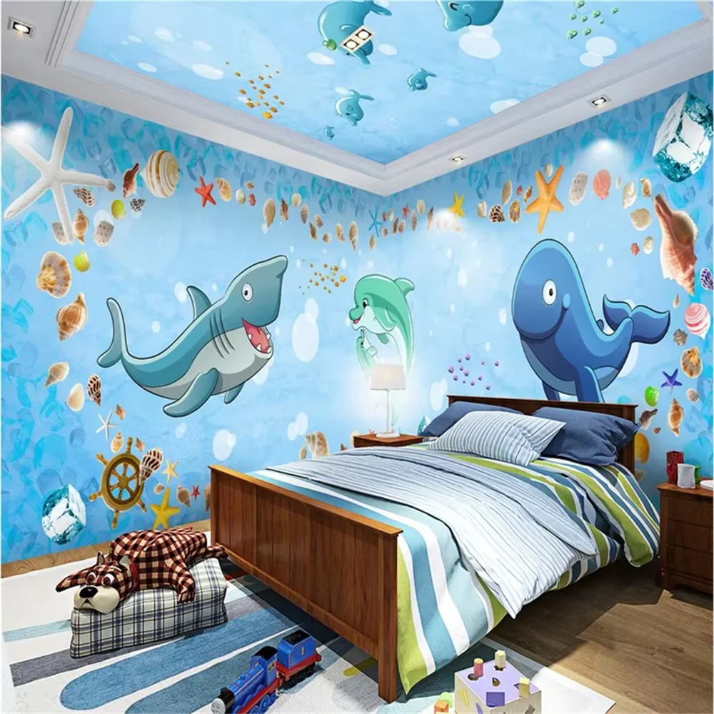 Custom Cartoon fantasy underwater world backdrop mural Blue Whale wallpaper living room backdrop bedroom wall paper home decor