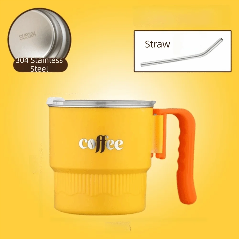 Picture 3: 304 Stainless Steel Double Layer Coffee Mug Leak-proof Sealed Stainless Steel Coffee Mug Foldable Handle with Straw
