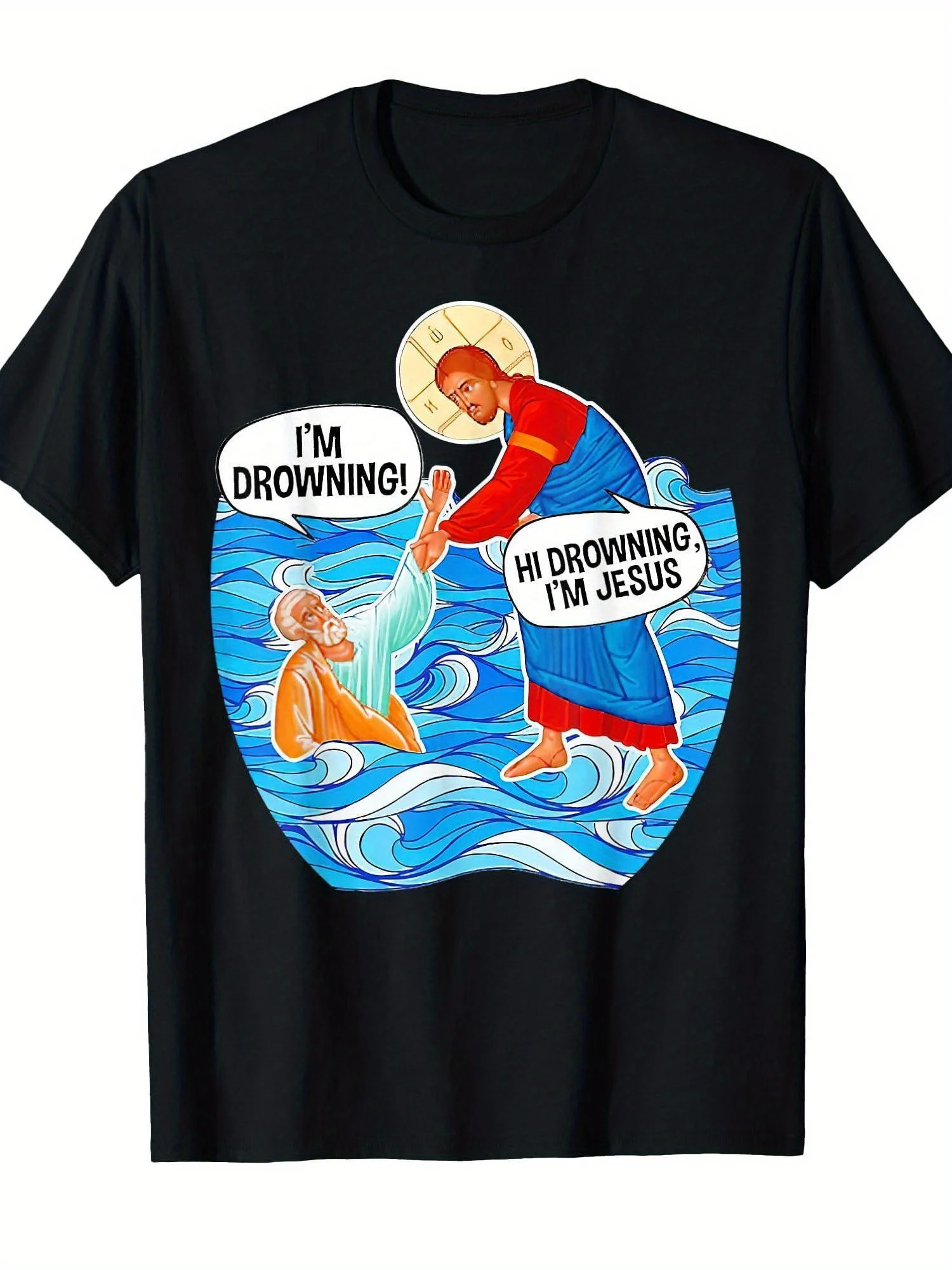 تي شيرت مضحك للرجال - "Hi Drowning I'm Jesus" تي شيرت فكاهة دينية مع تصميم الآية ماثيو 18:14