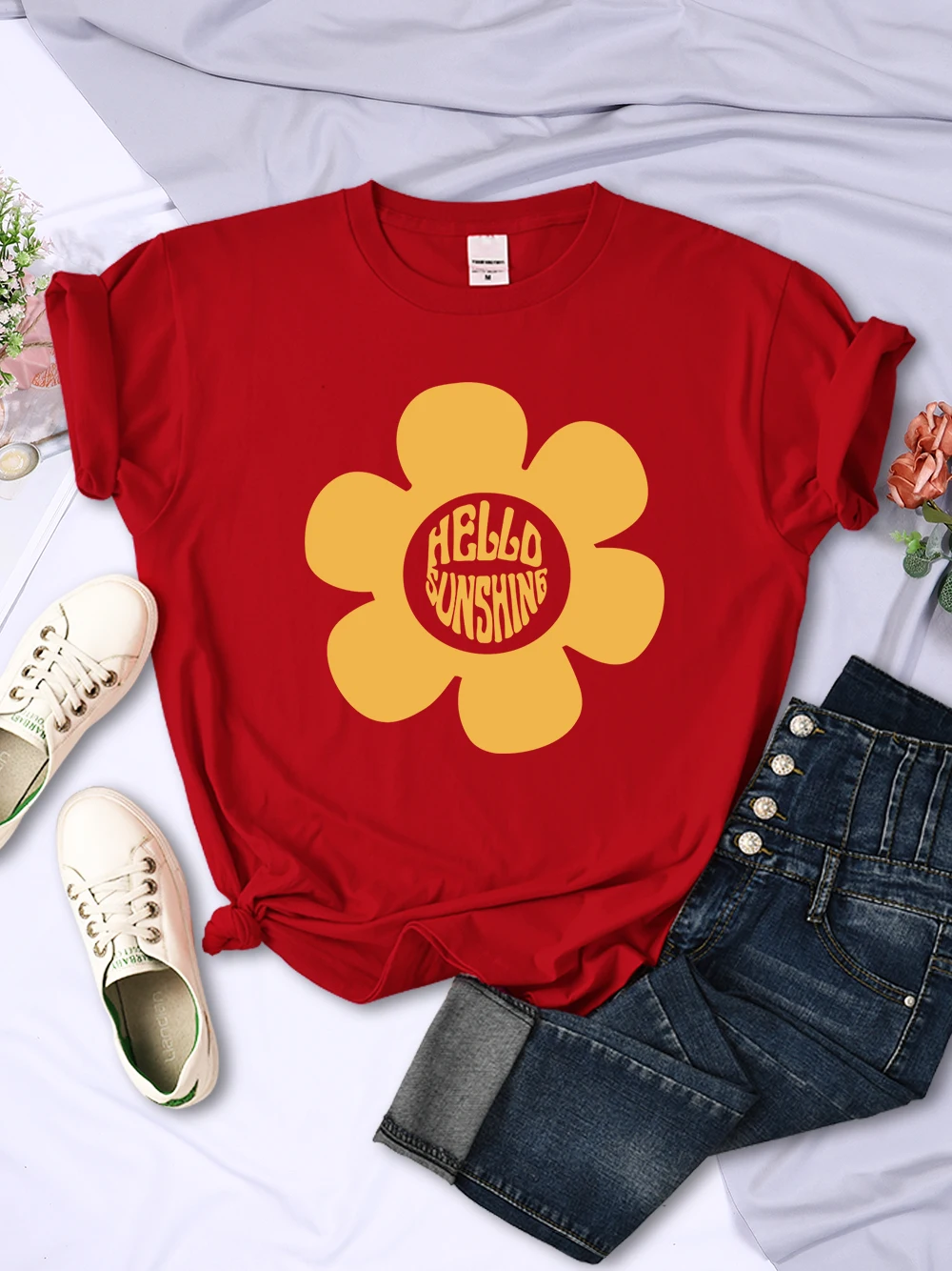 Hello Sunshine Flower Design Female Tee Creative Fashion T-shirt Summer Breathable Clothing Comfortable Crewneck Tee Shirts