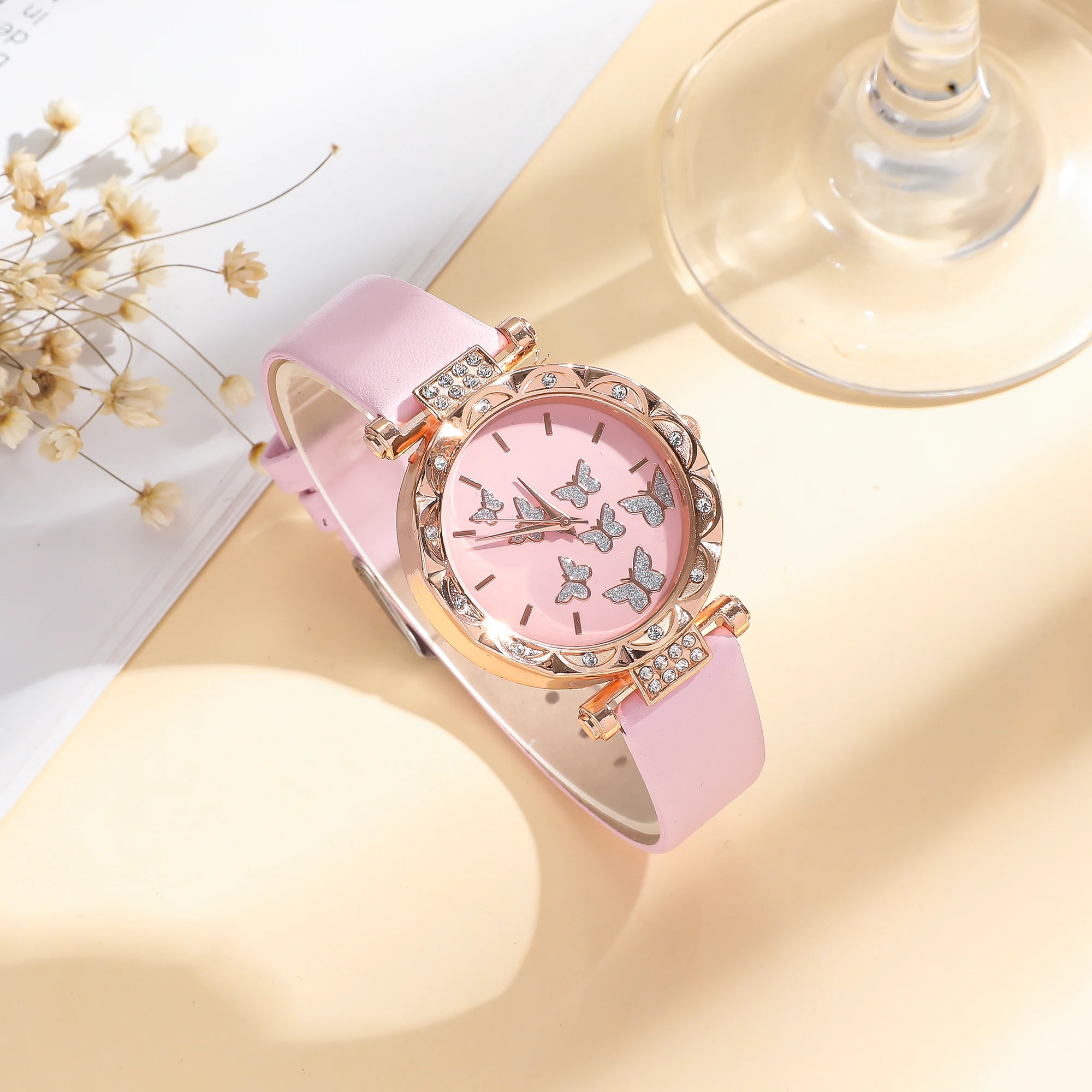 Fresh everything with pink diamond dial belt quartz watch + butterfly jewelry set student girlfriends