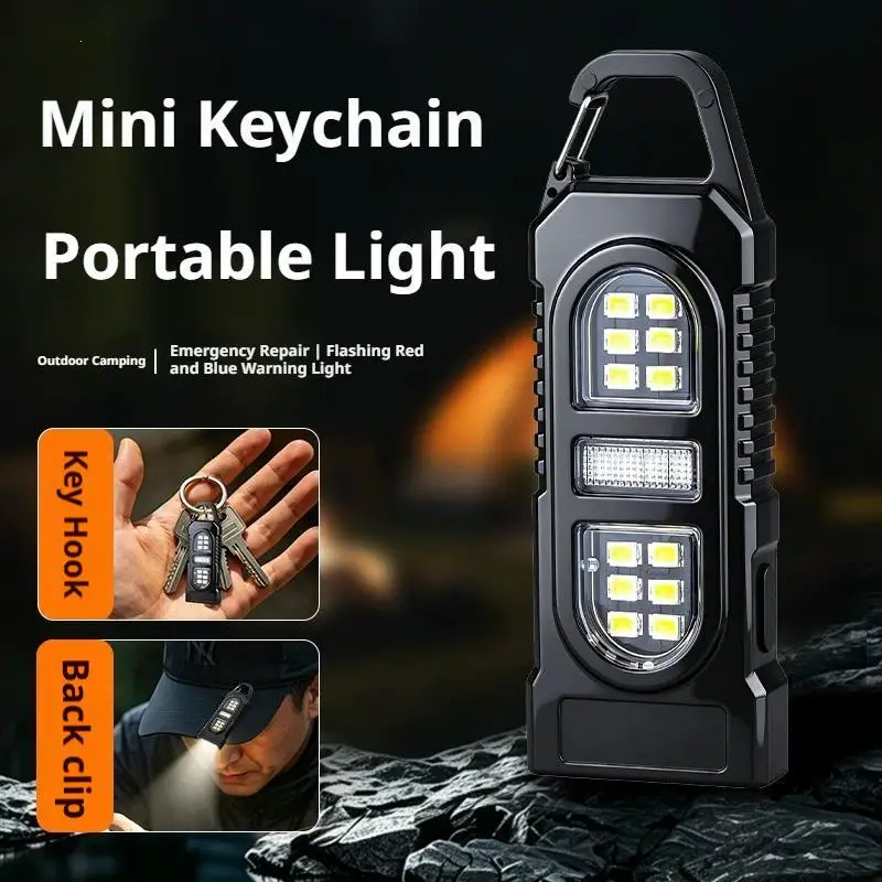 High CRI Soft COB Keychain Light 200 Lumens Side Floodlight Red Blue Emergency Warning Strobe Type C Rechargeable Pocket Clip