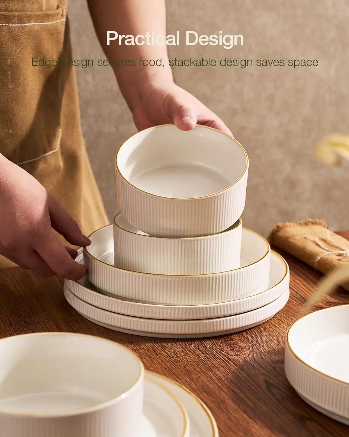8-Person Stoneware Dinner Set (24pcs) - Ribbed Design, Chip Resistant, Dishwasher & Microwave Safe