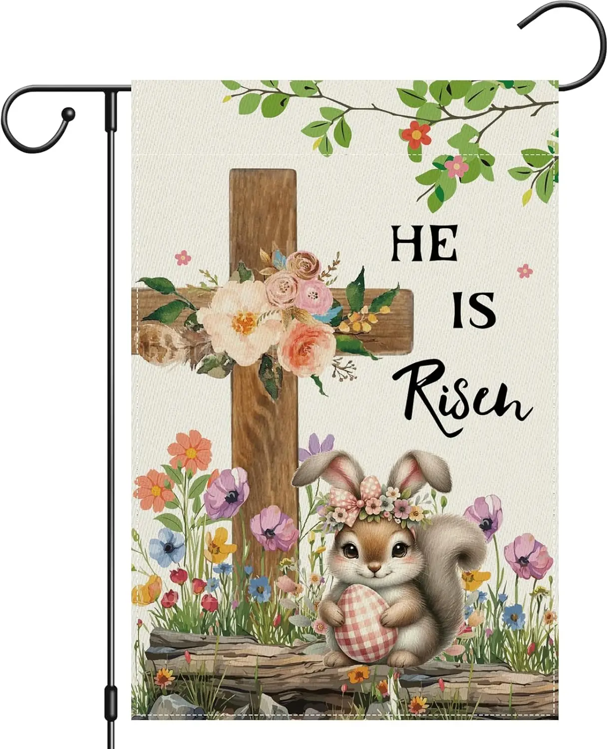 He Is Risen Easter Garden Flag Double Sided 12x18 Inch, Easter Religious Cross Bunnies Flowers Sign，Welcome Yard Flag Banner SSL