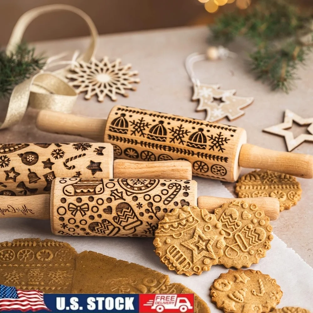 

Kids Christmas Rolling Pin Set Wooden Laser Cut Embossing Tool Baking Cookies Crafts Gifts