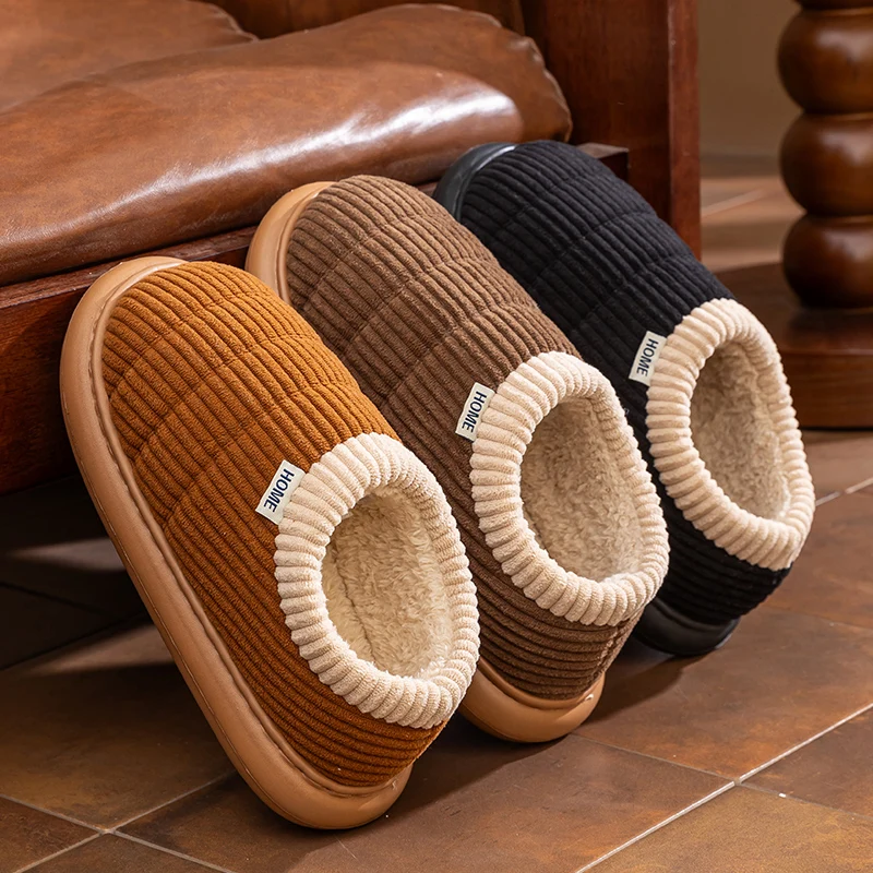 Men's Plush Fleece Slippers, Winter Indoor Non-Slip Memory Foam House Shoes with Thick Sole, Outdoor-Friendly Retro Style