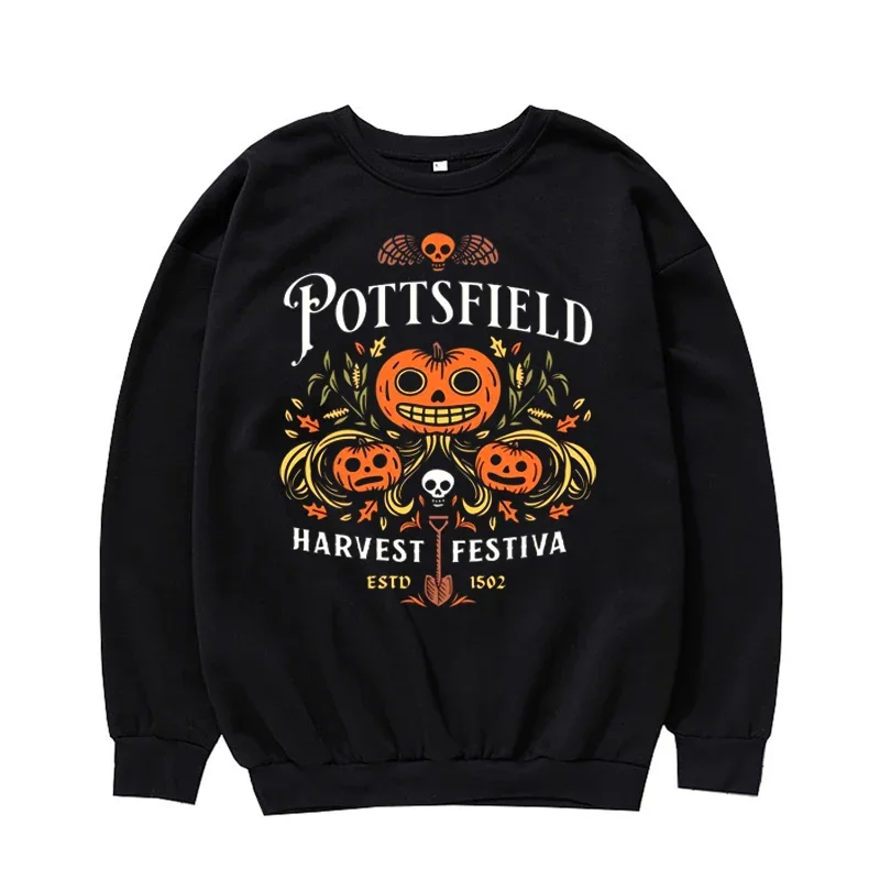 Pottsfield Harvest Festival Sweatshirt, Retro Cartoon Garden Wall,Spooky Season,Halloween Treat,Funny Town,Pumpkin Crew Neck Top