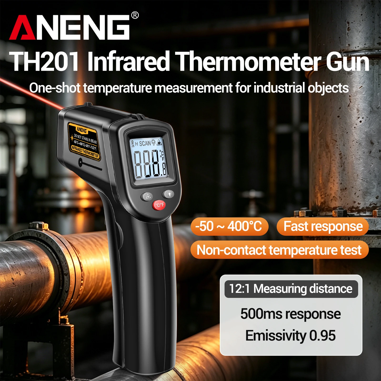 ANENG TH201 Infrared Laser Temperature Gun Non Contact Infrared Temperature Gauge -50 ℃~400 ℃ LCD Display 12:1 Distance Ratio