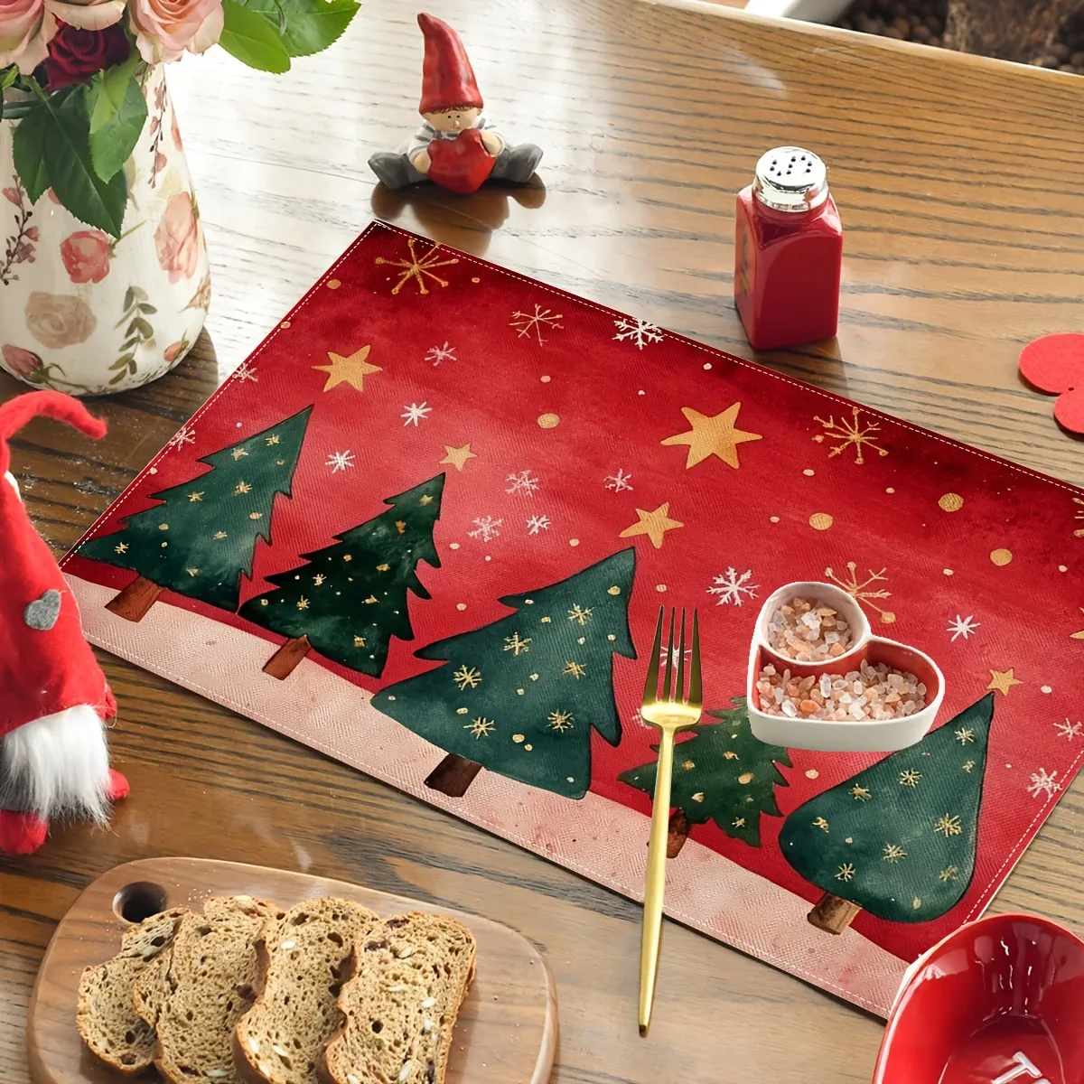 Red Background Christmas Placemats Table Mat Xmas Tree Star Print For Dining Table Decor Warm Seasonal Home Accessories 4/6/8pcs