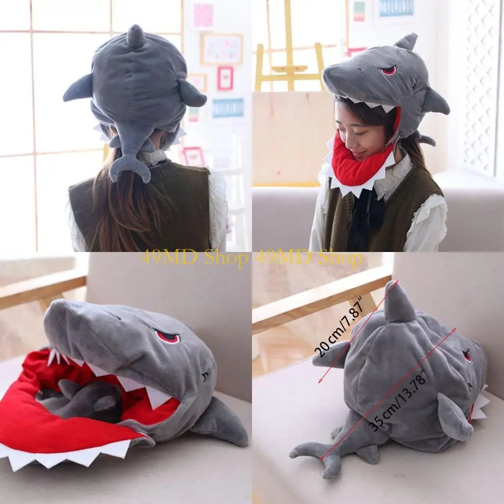 49md-かわいいぬいぐるみサメ帽子グレーぬいぐるみキャップ耳介ソフト冬暖かいスキーフルヘッドギア