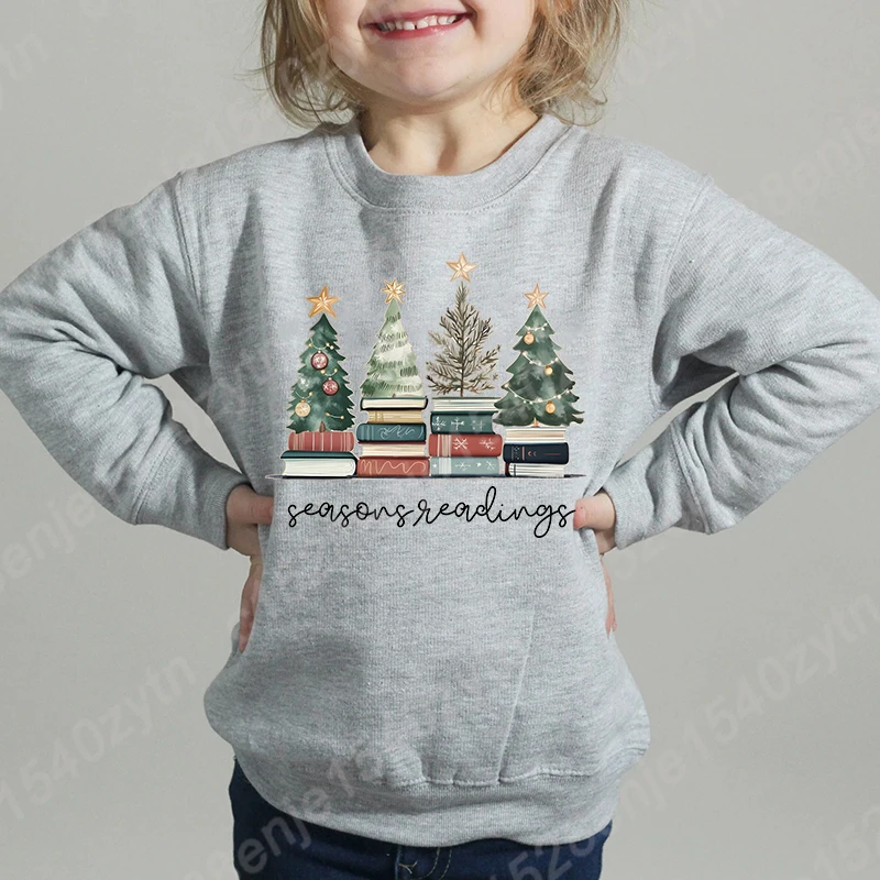 Christmas Trees & Books Seasons Reading Sweatshirt Children Girls Autumn Winter Tops Casual Sports Crew Neck Hoodeless Pullovers