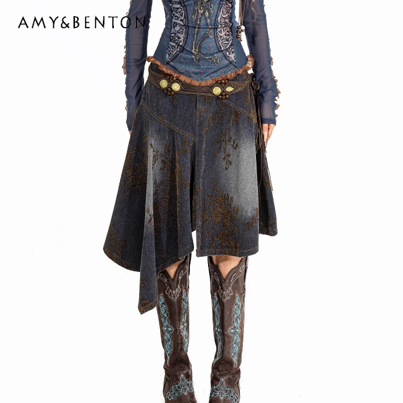 

American Retro Design Women's Denim Skirt 2025 Autumn New Irregular Sweet Cool Sexy Hot Girl Versatile Mid-Length Skirts Ladies