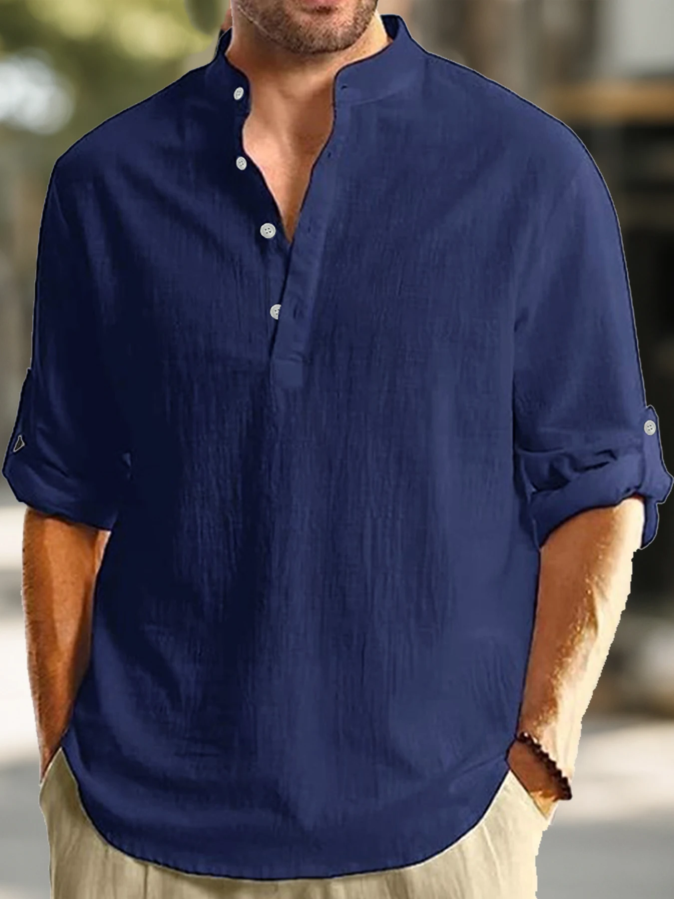 Men Mandarin Collar Henley Long Sleeve Shirt Crinkled Lightweight Breathable Fabric Roll Up Sleeve Half Casual Shirt For Beach
