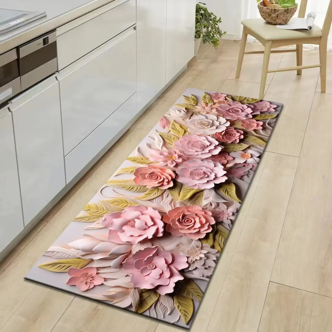 3D Floral Kitchen Mat Home Entrance Doormat Hallway Bedroom Decor Bedside Living Room Carpet Balcony Bathroom Anti-Slip Long Rug